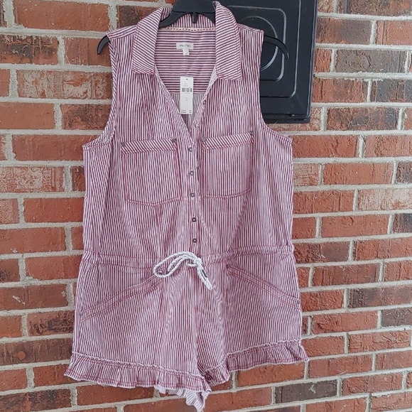 Pilcro/Anthro Sleeveless Railroad Stripe Denim Drawstring Romper Size L (2098)